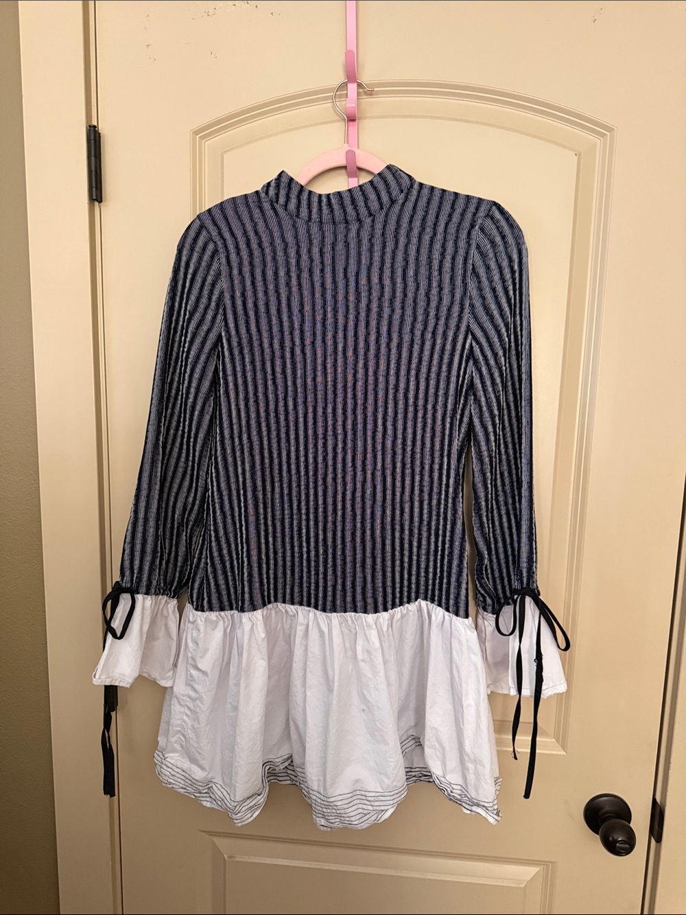 English Factory Navy Striped Knit Dress with White Ruffle Hem